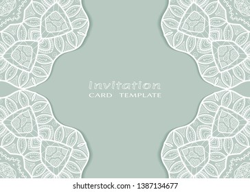 Invitation or Card template with lacе frame border, doodle line pattern, mandala element. Decorative openwork filigree art background for Wedding, Valentine's day greeting card, Birthday Invitation