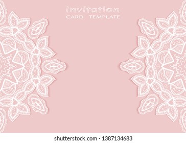 Invitation or Card template with lacе frame border, doodle line pattern, mandala element. Decorative openwork filigree art background for Wedding, Valentine's day greeting card, Birthday Invitation