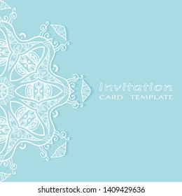 Invitation or Card template with lacе frame border, doodle line pattern, mandala element. Decorative openwork filigree art background for Wedding, Valentine's day greeting card, Birthday Invitation