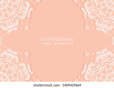Invitation or Card template with lacе frame border, doodle line pattern, mandala element. Decorative openwork filigree art background for Wedding, Valentine's day greeting card, Birthday Invitation