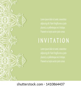 Invitation or Card template with lacе frame border, doodle line pattern, mandala element. Decorative openwork filigree art background for Wedding, Valentine's day greeting card, Birthday Invitation