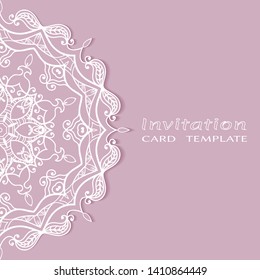 Invitation or Card template with lacе frame border, doodle line pattern, mandala element. Decorative openwork filigree art background for Wedding, Valentine's day greeting card, Birthday Invitation