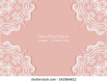 Invitation or Card template with lacе frame border, doodle line pattern, mandala element. Decorative openwork filigree art background for Wedding, Valentine's day greeting card, Birthday Invitation