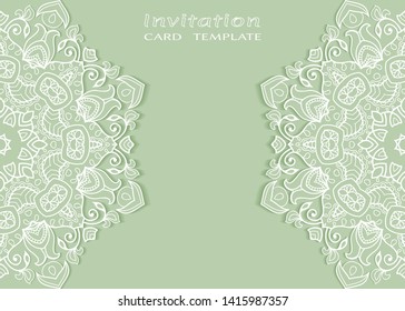 Invitation or Card template with lacе frame border, doodle line pattern, mandala element. Decorative openwork filigree art background for Wedding, Valentine's day greeting card, Birthday Invitation