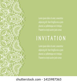 Invitation or Card template with lacе frame border, doodle line pattern, mandala element. Decorative openwork filigree art background for Wedding, Valentine's day greeting card, Birthday Invitation