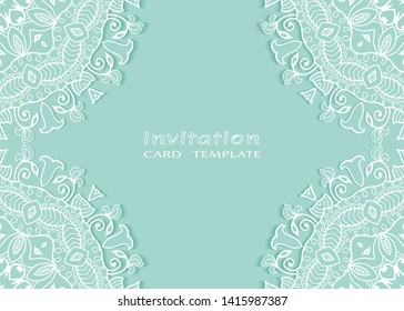 Invitation or Card template with lacе frame border, doodle line pattern, mandala element. Decorative openwork filigree art background for Wedding, Valentine's day greeting card, Birthday Invitation