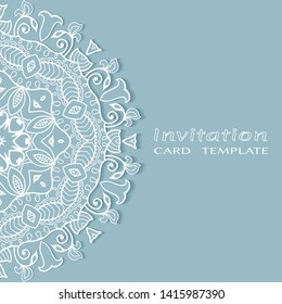 Invitation or Card template with lacе frame border, doodle line pattern, mandala element. Decorative openwork filigree art background for Wedding, Valentine's day greeting card, Birthday Invitation