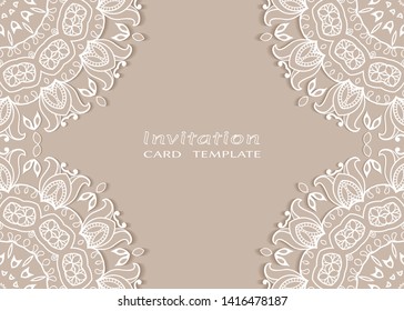 Invitation or Card template with lacе frame border, doodle line pattern, mandala element. Decorative openwork filigree art background for Wedding, Valentine's day greeting card, Birthday Invitation