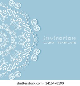 Invitation or Card template with lacе frame border, doodle line pattern, mandala element. Decorative openwork filigree art background for Wedding, Valentine's day greeting card, Birthday Invitation