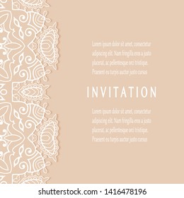 Invitation or Card template with lacе frame border, doodle line pattern, mandala element. Decorative openwork filigree art background for Wedding, Valentine's day greeting card, Birthday Invitation