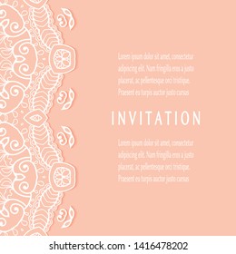 Invitation or Card template with lacе frame border, doodle line pattern, mandala element. Decorative openwork filigree art background for Wedding, Valentine's day greeting card, Birthday Invitation