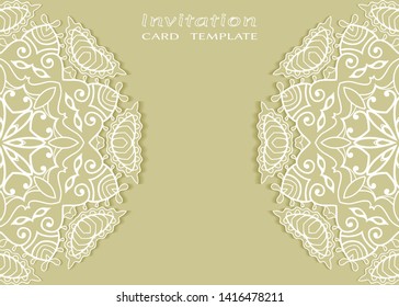 Invitation or Card template with lacе frame border, doodle line pattern, mandala element. Decorative openwork filigree art background for Wedding, Valentine's day greeting card, Birthday Invitation