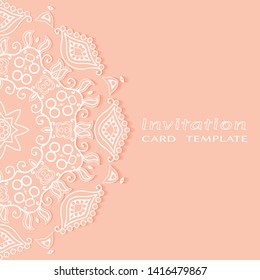 Invitation or Card template with lacе frame border, doodle line pattern, mandala element. Decorative openwork filigree art background for Wedding, Valentine's day greeting card, Birthday Invitation