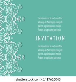 Invitation or Card template with lacе frame border, doodle line pattern, mandala element. Decorative openwork filigree art background for Wedding, Valentine's day greeting card, Birthday Invitation