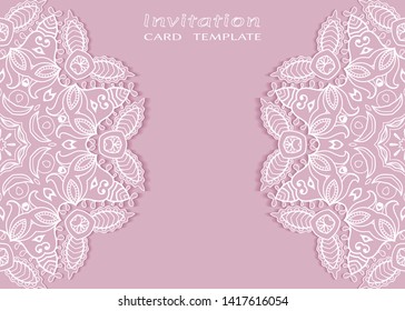 Invitation or Card template with lacе frame border, doodle line pattern, mandala element. Decorative openwork filigree art background for Wedding, Valentine's day greeting card, Birthday Invitation