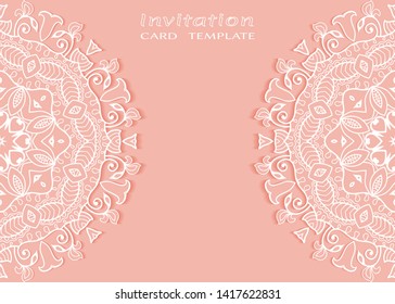 Invitation or Card template with lacе frame border, doodle line pattern, mandala element. Decorative openwork filigree art background for Wedding, Valentine's day greeting card, Birthday Invitation
