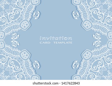 Invitation or Card template with lacе frame border, doodle line pattern, mandala element. Decorative openwork filigree art background for Wedding, Valentine's day greeting card, Birthday Invitation