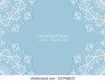 Invitation or Card template with lacе frame border, doodle line pattern, mandala element. Decorative openwork filigree art background for Wedding, Valentine's day greeting card, Birthday Invitation