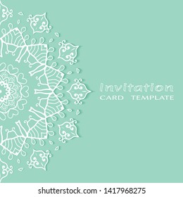 Invitation or Card template with lacе frame border, doodle line pattern, mandala element. Decorative openwork filigree art background for Wedding, Valentine's day greeting card, Birthday Invitation