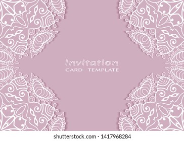 Invitation or Card template with lacе frame border, doodle line pattern, mandala element. Decorative openwork filigree art background for Wedding, Valentine's day greeting card, Birthday Invitation