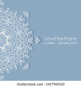 Invitation or Card template with lacе frame border, doodle line pattern, mandala element. Decorative openwork filigree art background for Wedding, Valentine's day greeting card, Birthday Invitation