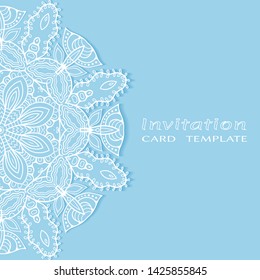 Invitation or Card template with lacе frame border, doodle line pattern, mandala element. Decorative openwork filigree art background for Wedding, Valentine's day greeting card, Birthday Invitation