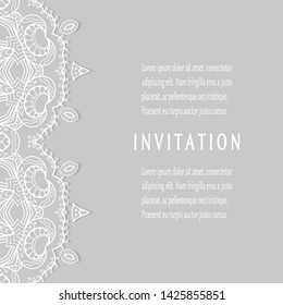 Invitation or Card template with lacе frame border, doodle line pattern, mandala element. Decorative openwork filigree art background for Wedding, Valentine's day greeting card, Birthday Invitation