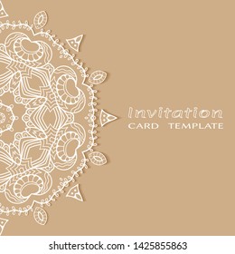 Invitation or Card template with lacе frame border, doodle line pattern, mandala element. Decorative openwork filigree art background for Wedding, Valentine's day greeting card, Birthday Invitation