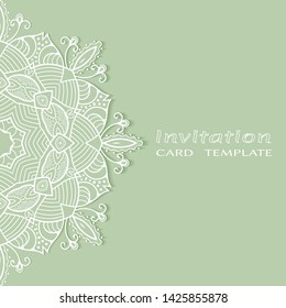 Invitation or Card template with lacе frame border, doodle line pattern, mandala element. Decorative openwork filigree art background for Wedding, Valentine's day greeting card, Birthday Invitation
