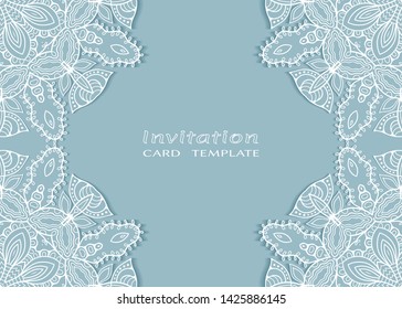 Invitation or Card template with lacе frame border, doodle line pattern, mandala element. Decorative openwork filigree art background for Wedding, Valentine's day greeting card, Birthday Invitation