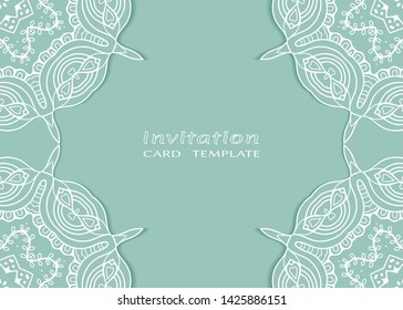 Invitation or Card template with lacе frame border, doodle line pattern, mandala element. Decorative openwork filigree art background for Wedding, Valentine's day greeting card, Birthday Invitation