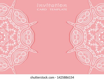 Invitation or Card template with lacе frame border, doodle line pattern, mandala element. Decorative openwork filigree art background for Wedding, Valentine's day greeting card, Birthday Invitation