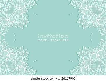Invitation or Card template with lacе frame border, doodle line pattern, mandala element. Decorative openwork filigree art background for Wedding, Valentine's day greeting card, Birthday Invitation