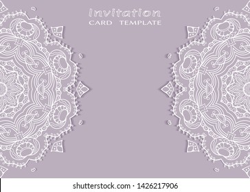 Invitation or Card template with lacе frame border, doodle line pattern, mandala element. Decorative openwork filigree art background for Wedding, Valentine's day greeting card, Birthday Invitation