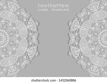 Invitation or Card template with lacе frame border, doodle line pattern, mandala element. Decorative openwork filigree art background for Wedding, Valentine's day greeting card, Birthday Invitation