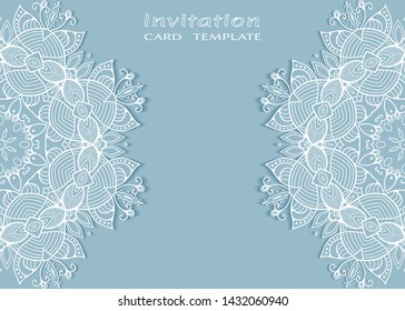Invitation or Card template with lacе frame border, doodle line pattern, mandala element. Decorative openwork filigree art background for Wedding, Valentine's day greeting card, Birthday Invitation