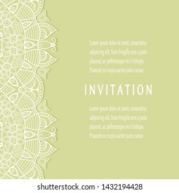 Invitation or Card template with lacе frame border, doodle line pattern, mandala element. Decorative openwork filigree art background for Wedding, Valentine's day greeting card, Birthday Invitation