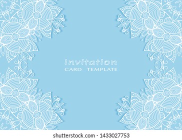 Invitation or Card template with lacе frame border, doodle line pattern, mandala element. Decorative openwork filigree art background for Wedding, Valentine's day greeting card, Birthday Invitation