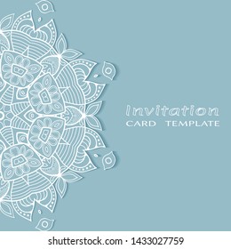 Invitation or Card template with lacе frame border, doodle line pattern, mandala element. Decorative openwork filigree art background for Wedding, Valentine's day greeting card, Birthday Invitation