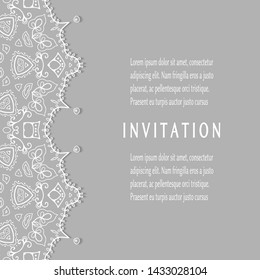 Invitation or Card template with lacе frame border, doodle line pattern, mandala element. Decorative openwork filigree art background for Wedding, Valentine's day greeting card, Birthday Invitation