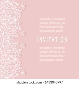 Invitation or Card template with lacе frame border, doodle line pattern, mandala element. Decorative openwork filigree art background for Wedding, Valentine's day greeting card, Birthday Invitation