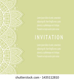 Invitation or Card template with lacе frame border, doodle line pattern, mandala element. Decorative openwork filigree art background for Wedding, Valentine's day greeting card, Birthday Invitation
