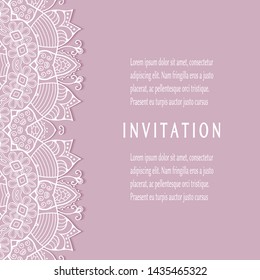 Invitation or Card template with lacе frame border, doodle line pattern, mandala element. Decorative openwork filigree art background for Wedding, Valentine's day greeting card, Birthday Invitation