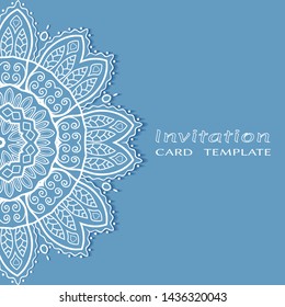 Invitation or Card template with lacе frame border, doodle line pattern, mandala element. Decorative openwork filigree art background for Wedding, Valentine's day greeting card, Birthday Invitation