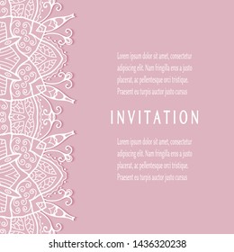 Invitation or Card template with lacе frame border, doodle line pattern, mandala element. Decorative openwork filigree art background for Wedding, Valentine's day greeting card, Birthday Invitation