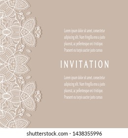 Invitation or Card template with lacе frame border, doodle line pattern, mandala element. Decorative openwork filigree art background for Wedding, Valentine's day greeting card, Birthday Invitation