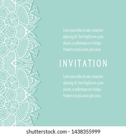Invitation or Card template with lacе frame border, doodle line pattern, mandala element. Decorative openwork filigree art background for Wedding, Valentine's day greeting card, Birthday Invitation
