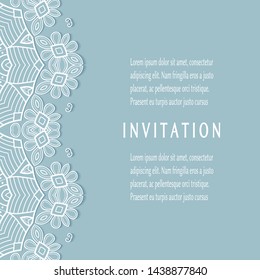 Invitation or Card template with lacе frame border, doodle line pattern, mandala element. Decorative openwork filigree art background for Wedding, Valentine's day greeting card, Birthday Invitation