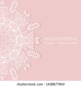 Invitation or Card template with lacе frame border, doodle line pattern, mandala element. Decorative openwork filigree art background for Wedding, Valentine's day greeting card, Birthday Invitation