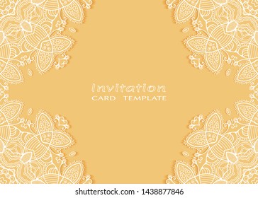 Invitation or Card template with lacе frame border, doodle line pattern, mandala element. Decorative openwork filigree art background for Wedding, Valentine's day greeting card, Birthday Invitation
